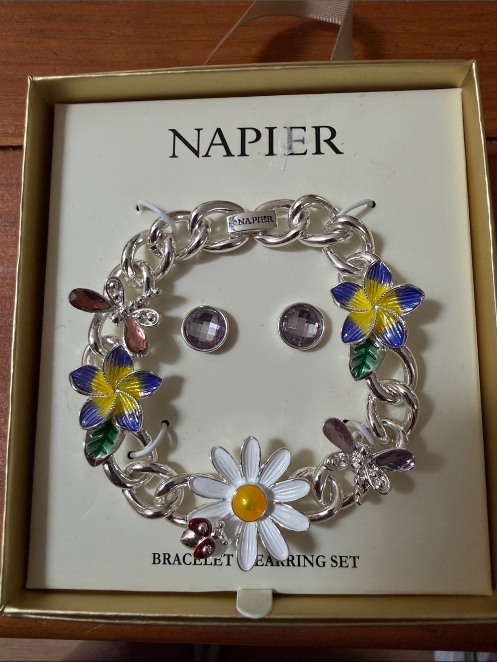 Napier Silver-Tone Floral Charm Bracelet with Purple Stud Earrings